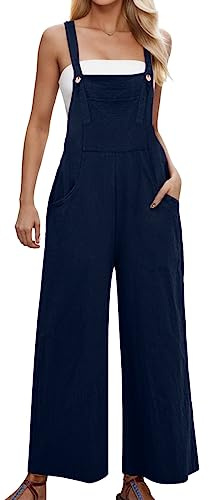 Generico Salopette Elegante Donna, Tuta Jumpsuit Donna Elegante Estiva Gamba Larga Allentata Jumpsuit Casual Senza Maniche Spalline Larghe Pantaloni Tinta Unita con Tasche da Spiaggia