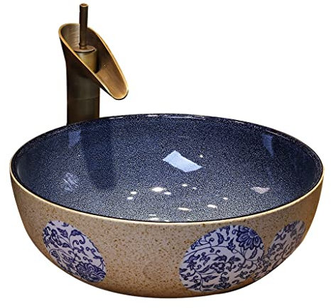 PUFAHAU Lavabos de baño Lavabo de baño de encimera Lavabo de baño Redondo de cerámica con Grifo Lavabo de tocador Lavabo de Cuenco