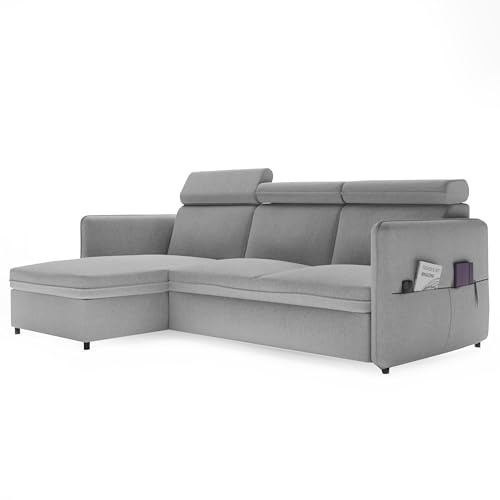 IDOHOME Ecksofa mit Schlaffunktion und Bettkasten 220 x 160 cm Hellgrau | 220 x 160 cm, Hoher Sitzkomfort, Verstellbare Kopfstützen, Wohnen und Schlafen, Integrierter Bettkasten