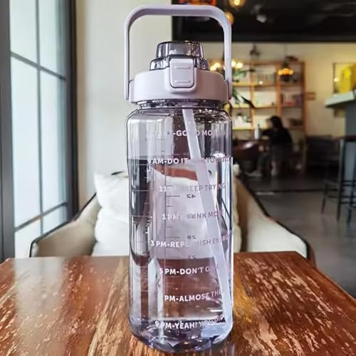2 litre motivational water bottle 64oz, with time marker straw and handle for sports gym,office (purple)