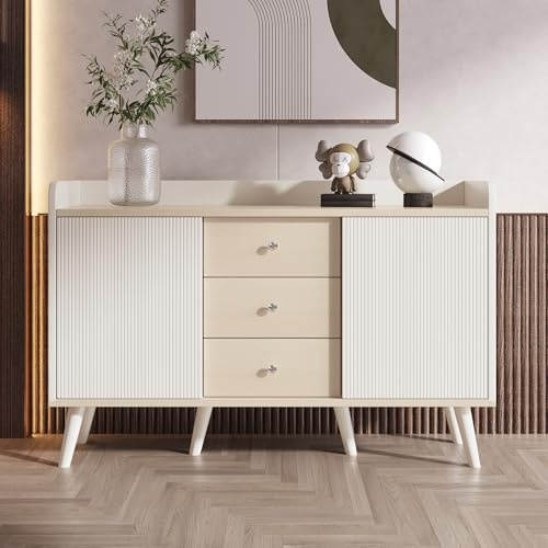 Jaxenor Buffet de salon à 3 tiroirs, couleur bois moderne, avec étagères de rangement, blanc et bois