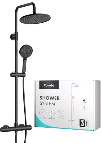 Poveta Duschsystem mit Thermostat Schwarz, Duscharmatur Komplettset mit 25cm Rund Regendusche Duschkopf, Handbrause mit 3 Strahlarten, 100-120cm Höhenverstellbar, Regendusche mit Armatur, Duschset