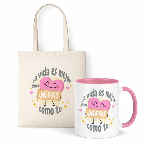 Kembilove Set Regalo “La vida es mejor con jefas como tú” – Taza Cerámica 11 oz y Bolsa Tote Personalizadas con Nombre – Interior y Asa Rosa (Color de Taza a Elegir)