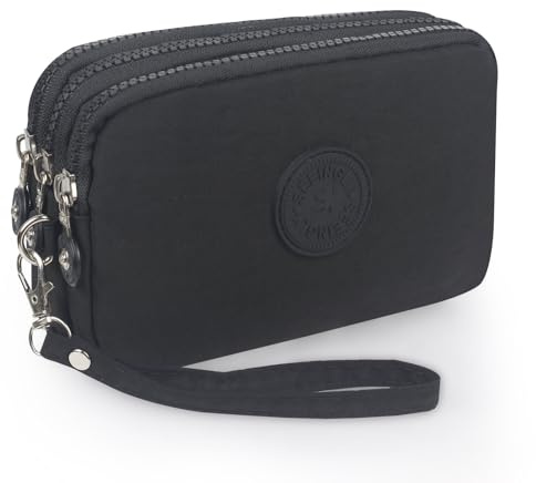 HYJMA Multifunction 3 Layers Zipper Key Card Phone Pouch Coin Money Bag Purse Wallet (Matte Black)