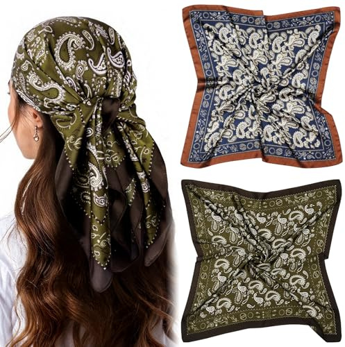 AOOSA Bandana, stora fyrkantiga halsdukar för kvinnor, grafiskt tryck sidenduk, elegant satin huvudduk för lämplig hårduk halsduk hårsmycke näsduk, present till kvinnor, 2 stycken – version B – 70 x
