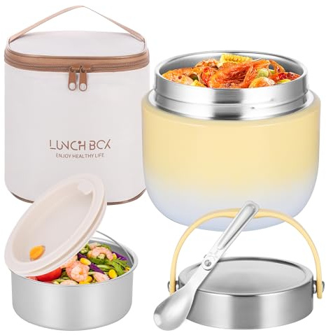 TranRantic 1,2L Edelstahl Thermobehälter für Essens,Thermoschüssel Gelb | Mit Deckel & Löffel, Auslaufsicher, Isolierter Tasche, Geeignet für Büro und Outdoor Suppen & Lunch