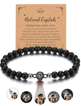 JSDDE Bracelet Projection Personnalisé Photo pour Femmes Hommes 6mm Bracelet Élastique avec Perles Rondes en Pierre Naturelle Porte Photo Projetée Bracelets Distance Mémorial pour Couple Mére