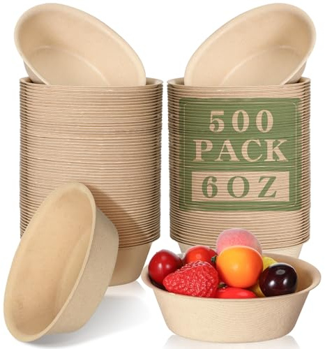 Dandat 6 oz Disposable Paper Bowls Bulk Small Bagasse Dessert Bowls for Ice Cream Soup Salad Pasta Party Supplies Picnic Banquet Barbecues Pet Food (Brown,500 Pcs)