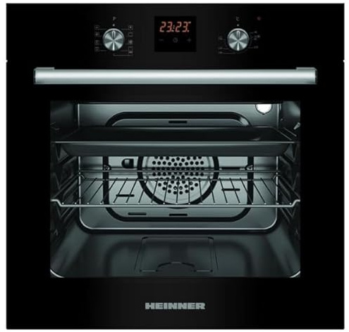 HEINNER HBO-S569LDTGC-GBK Einbau-Backofen – 56 L Garraum, Multifunktionsofen mit Grill, Umluft & Heißluft, LED-Touch-Display, Timerfunktion, Schwarzglas, Energieeffizienzklasse A – 5 Jahre Garantie