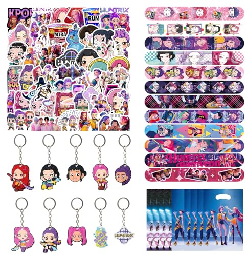 Mitgebsel Kindergeburtstag Gastgeschenke, 82pcs Demon-Hunters Mitbringsel Set mit Geschenktüten Schnapparmbänder Schlüsselanhänger & Aufkleber, Huntrix Kleine Geschenke, Party Give Aways für Mädchen