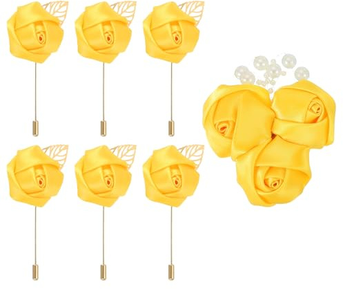 QUARKZMAN 7 Stück Blumen Broschen Gelb, Bandrosen Seidenmaterial, Hochwertige Broschen für Kleidung, Lange Nadelform & Anstecknadel-Stil Ansteckblume