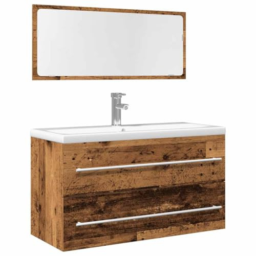 Fangmaliuyun Set di mobili da bagno effetto legno anticato, 90 x 38,5 x 48 cm, in legno con specchio da parete, design moderno, robusto e durevole, per piccoli bagni e WC degli ospiti