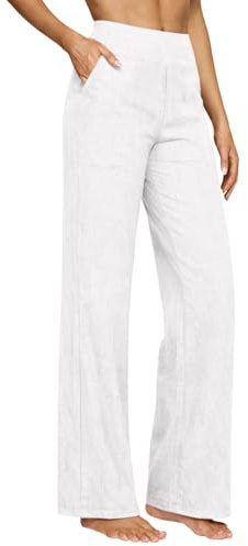 Pantalon de loisirs pour femme en mélange de coton et de lin, coupe haute, jambe large, boutonnière, jambe droite, legging thermique