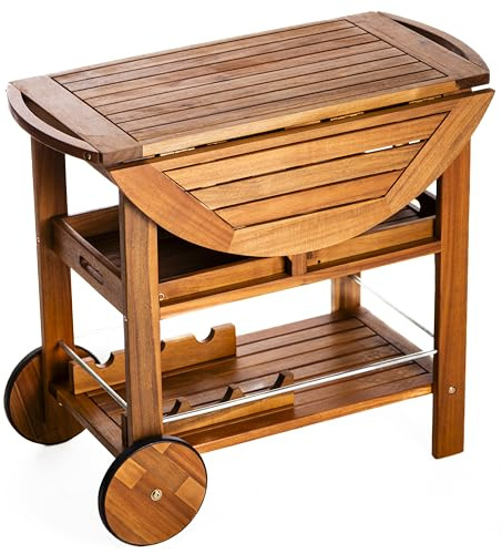Garden Gear Acacia Serving Trolley and Table – Foldable Outdoor Wooden Bar Cart with Wheels, Wine Rack, Multi-Shelf Storage for Garden Parties & BBQ