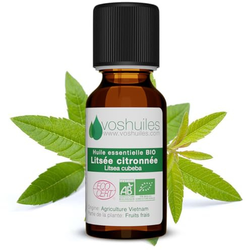 Huile Essentielle BIO de Litsée citronnée - 100% Pure et Naturelle - HEBBD et ECOCERT - Huile Essentielle aux Nombreuses Vertus et Applications 20ml - VOSHUILES
