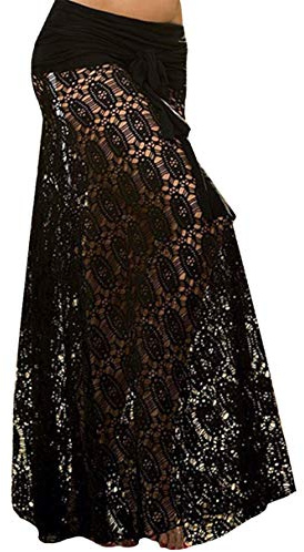 JFAN Robe de Plage Dentelle Crochet Boheme Hippie Chic Femme Deux Usures Basique Élégante Casual Jupe de Bain Longue Beachwear Cache-Maillots Bikini Cover Up Dress,Taille Unique,Noir