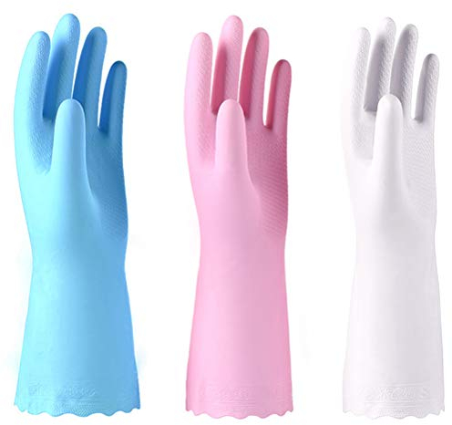 Alimat PluS 3 Pack Reusable Cleaning Gloves Latex Free - Dishwashing Gloves with Cotton Flock Liner and Embossed Palm - Waterproof Household Gloves for Laundry, Gardening (Medium)