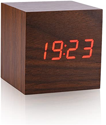 Holzwecker, kleine moderne LED-Würfel-Digitaluhr mit Uhrzeit, Temperatur in C/ F, Thermometer, Wecker, Sprachsteuerung, für Schlafzimmer, Wohnzimmer, Büro (Rot)