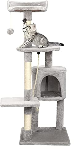 Kratzbaum Kletterbaum Grau Katzenbaum mit 2 Großer Aussichtsplattform, Stabiler Kratzbrett Liegemulde und Kuschelhöhle, Katzenbaum für Kitten Katzen