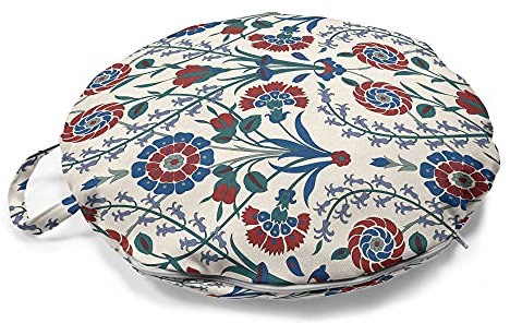 ABAKUHAUS marokkanisch Rundes Bodenkissen mit Griff, Altes Blumenblatt-Ornament, dekoratives Kissen für Wohnzimmer & Schlafsäle, 45 cm, Maroon Teal