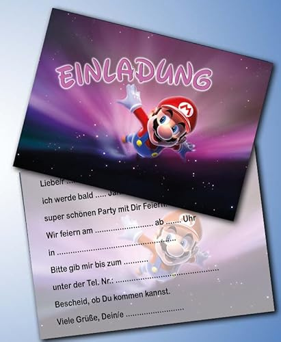 Einladungskarten 10er Set + 10 Umschläge Kindergeburtstag kompatibel mit Super Mario, Format DIN A6 (Postkarte 148 x 105 mm), 0041