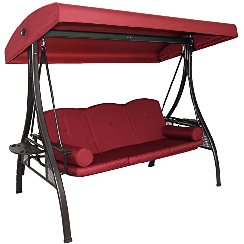 RANSENER 3-Sitzer Hollywookschaukel Gartenschaukel mit Liegefunktion und Verstellbarem Sonnendach - Entspannung pur im Garten und Terrasse (Rotwein)