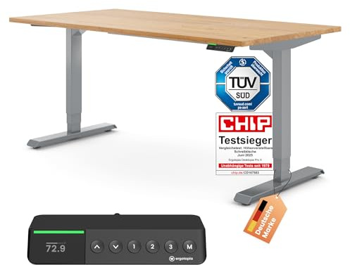 Ergotopia Desktopia Pro X Elektrisch höhenverstellbarer Schreibtisch, Ergonomischer Stehtisch für Büro oder Home Office (Eiche Echtholz, Gestell Grau, 160 x 80 cm)