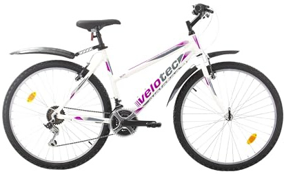 Multibrand Velotec 6th SENSE 26 tum Mountainbike i aluminium, 18 växlar, V-broms, flick- & damcykel, lämplig för 150–175 cm (Vit med rosa och grå)