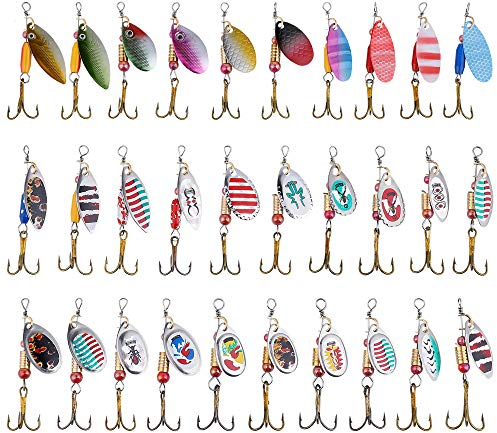 Amur Leopard Kit de 30pcs Señuelos de Cucharilla de Pesca de Trucha Cebos de Cucharilla Cebos de Pesca de Metal Anzuelo de Pescado, Color E, 30PCS