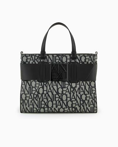 Armani Exchange Women's Large Logo Placket Satchel Bag Big Tote, Beige/Black