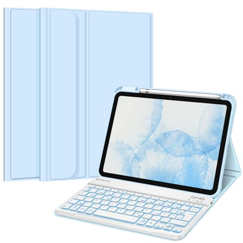 FINTIE Hülle mit Tastatur für iPad A16 11 Generation/10 Gen (11/10.9 Zoll) | 7-farbige Hintergrundbeleuchtung, Magnetisch abnehmbare, deutsche Bluetooth-Tastatur Hülle mit Stifthalter, Himmelblau