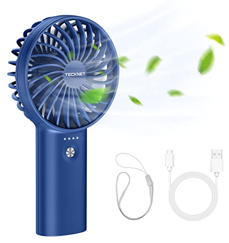 TECKNET Ventilateur à Main 2 en 1 - Mini USB Portable 5200mAh Batterie Rechargeable, 3 Vitesses Réglables pour Maison/Bureau/Voyage - Bleu