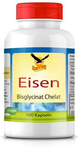 Get UP® Eisen Premium Bisglycinat mit Kupfer & Vitamin C (Eisen Chelat) | 100 Kapseln | magenschonend | hohe Bioverfügbarkeit | mit Co-Faktor Kupfer | mit Vitamin C für bessere Aufnahme | vegan