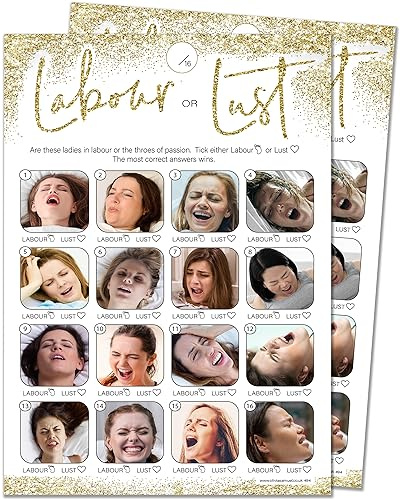 Olivia Samuel Labour or Lust Baby Shower Game for up to 30 Players – Gold Sparkle Design with Winner Certificate – Unisex – Made in the UK
