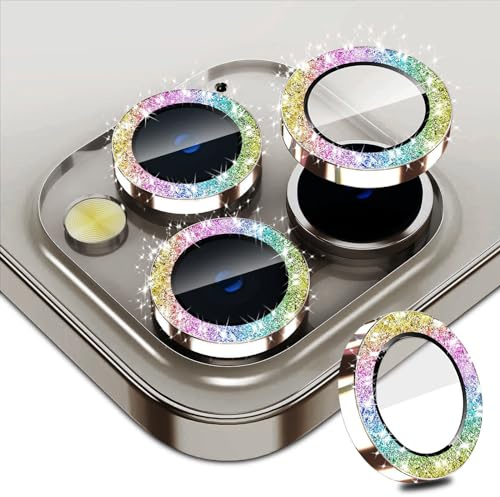 Smasener Protection Objectif Caméra pour iPhone 15 Pro 6,1 Pouces et iPhone 15 Pro Max 6,7 Pouces,Couverture Anneau Individuel en Métal en Verre Trempé 9H, HD Transparent-Glitter(Couleur)