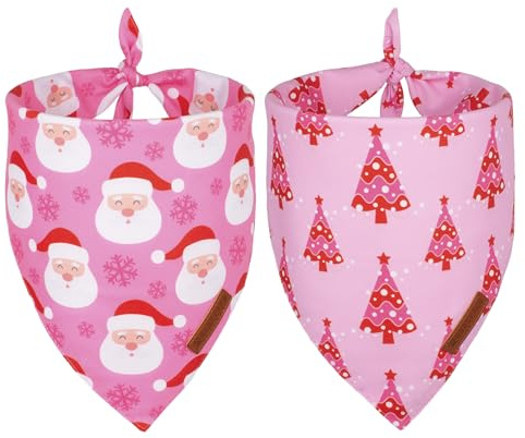 ADOGGYGO Hundehalstuch, Weihnachtsbaum, Weihnachtsmann, hochwertiger Stoff, verstellbare Passform, für Hündinnen, für mittelgroße und große Hunde, Haustiere (groß, rosa Weihnachten)