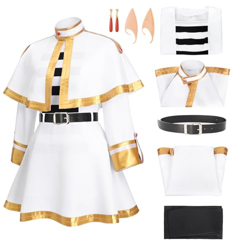 C-ZOFEK Cosplay-Kostüm, komplettes Set, weißer Umhang, Rock, Uniform mit Strumpfhosen, Gürtel, Ohrringen und Cosplay-Ohren für Halloween, Weiss/opulenter Garten, M