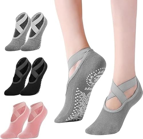 AIVORO 3 Paare Yoga Socken, Pilates Socken, Yogasocken mit Kreuzgurten | Yoga Socken Damen 35-38/39-42, Antirutschsocken Damen Sind Geeignet für Yoga, Tanzsocken und Fitness (Schwarz/Grau/Rosa)