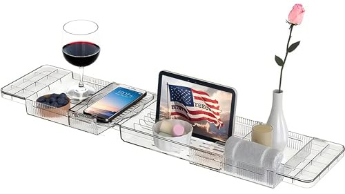 Baosia Expandable Bathtub Tray,Clear Plastic Anti-Slip Bath Tub Shelf Caddy Tray,Luxury Bathtub & Bathroom Accessories for Relaxing Spa,Suitable for bathtubs with an Internal Width of up to 29.5 inch