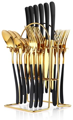 24 Pieces Cutlery Set with Holder, Stainless Steel Knife Fork Spoon Flatware Set, Gold Mirror Polishing Flatware Set Service for 6, Hanging Cutlery Set with Stand (Black Gold)