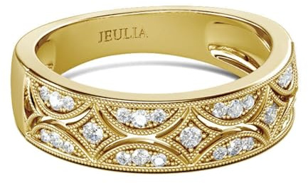 Jeulia Anillos de plata de ley 925 con milgrain de corte redondo para mujer, anillos de compromiso de aniversario con estuche para joyas, para mujeres y niñas (Oro amarillo, 10.5)