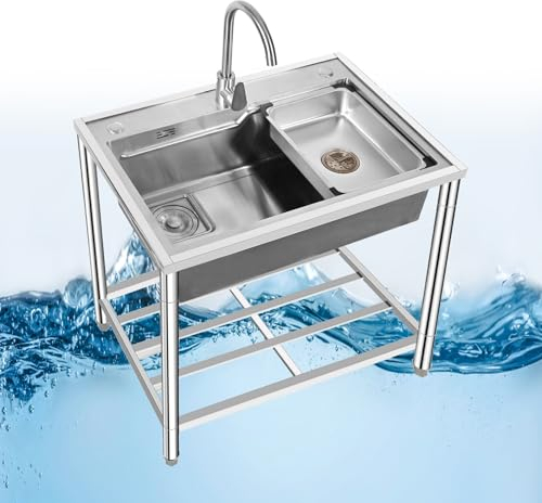 SFJATTA Freistehendes Spülbecken aus Edelstahl, Gewerbliche Küchenspüle, Mobiles Kommerziell Küche Spültisch mit Warm Kaltwasserhahn, für Außen, Innen, Küche, Restaurant
