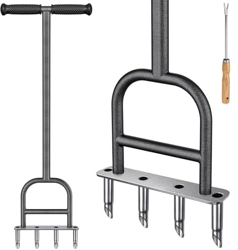 BeneLabel Lawn Aerator, Grass Hollow Tine Aerating Tool Long Handle Manual Garden Plugger 4 Core Heavy Duty Coring Aeration Spike Soft Grip with Cleaning Set for Compacted Soil Care, Whole Body