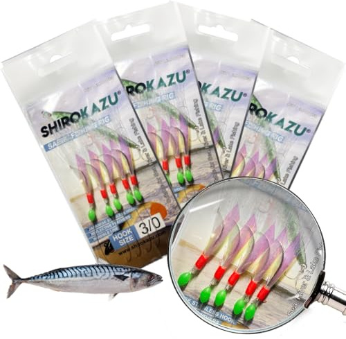 SHIROKAZU Sabiki Mackerel Feather Rigs – Reflective Luminous Glow Fishing Lures with Anti-Rust Steel Hooks, Sea Fishing Bait Rigs for Bass, Mackerel, Herring, Trout, Perch & Carp (Reflective, 4 Packs)