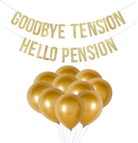 1 Stück Ruhestands-Zugflagge, 10 Stück goldene Luftballons, „GOODBYE TENSION HELLO PENSION“-Banner, Glitzerbanner, Ruhestandsparty-Dekoration