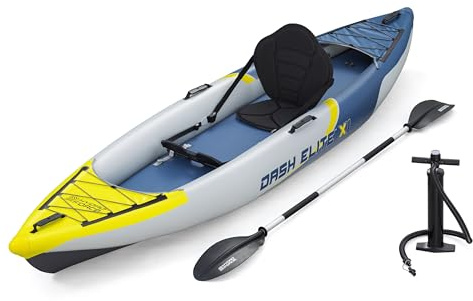 Bestway Hydro Force Kajak-Set Dash Elite X1, 335 x 92 x 30 cm, 1 Person, Bis 170 kg, 3 Luftkammern, ToughLite-Material, FortiFiber-Boden, Touring, 230 cm Ruder, Handpumpe, Rucksack, TÜV-Zertifiziert
