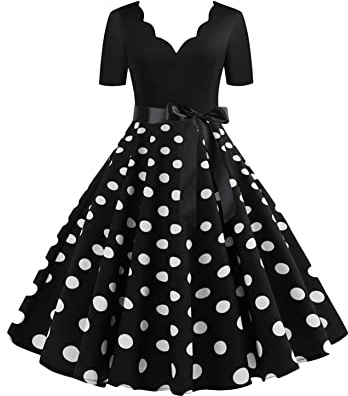 Yming Frauen Festlich Hochzeitkleid V-Ausschnitt Kleider Elegantes Cocktailkleid Retro Rockabilly Kleid Schwarz L