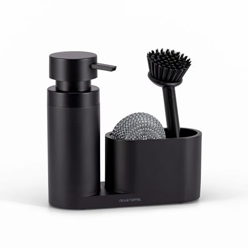 nova home Organizador Fregadero Cocina | Dispensador Jabón Cocina Moderno | Porta Estropajos Fregadero | Incluye Estropajo Antiarañazos y Cepillo de Acero Inoxidable | Diseño Minimalista Negro