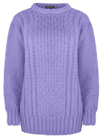 Generation Fashion New Ladies Women Long Sleeve Knitted Jumper Cable Knit Sweater Crew Neck Pullover Everyday Casual Autumn Winter Relax Fit Top Blouse (UK, Numeric, 16, 18, Plus, Regular, Lilac)