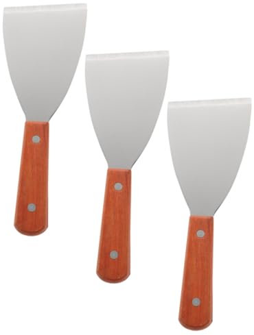 Cabilock Espátulas de Cocina de Acero Inoxidable para Bistec, Pala para Plancha Triangular de 3 Piezas, Mango de Madera, Raspador Multifuncional para Uso Doméstico y Parrilla